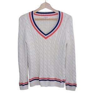 Johnnie B | Cream Cable Knit Varsity Cricket Sweater Coral Navy Stripes